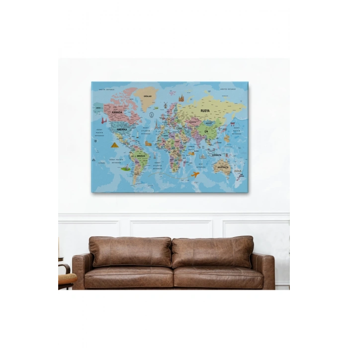 Türkçe Dünya Haritası Kanvas Tablo Son Derece Detaylı ve Dekoratif-2012