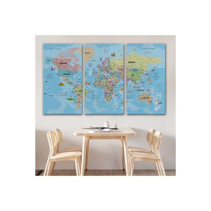 Türkçe Dünya Haritası Kanvas Tablo Son Derece Detaylı ve Dekoratif-2012