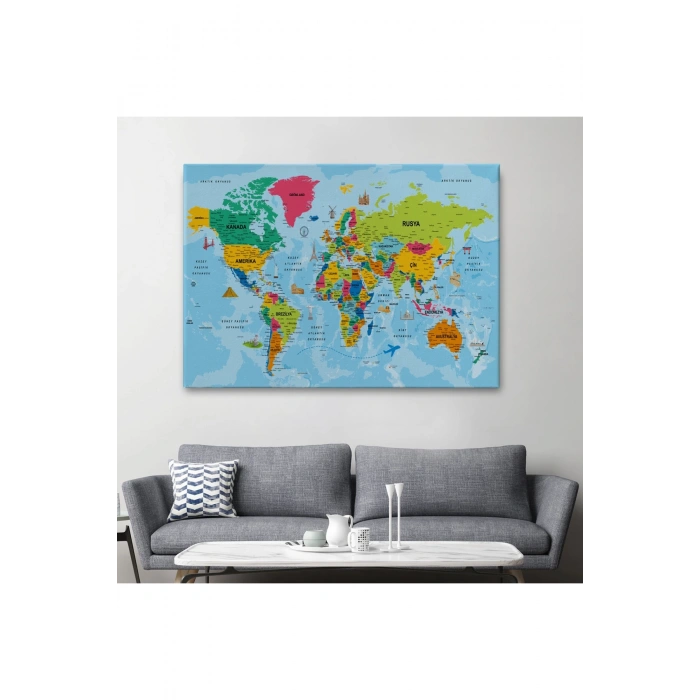 Türkçe Dünya Haritası Kanvas Tablo Son Derece Detaylı ve Dekoratif-2024
