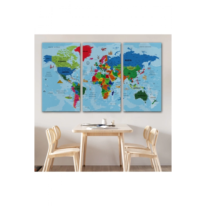 Türkçe Dünya Haritası Kanvas Tablo Son Derece Detaylı ve Dekoratif-2036