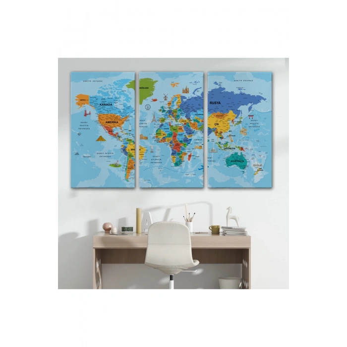 Türkçe Dünya Haritası Kanvas Tablo Son Derece Detaylı ve Dekoratif-2040