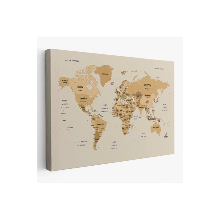 Türkçe Dünya Haritası Kanvas Tablo  Ülke Başkent Detaylı ve Dekoratif 2618