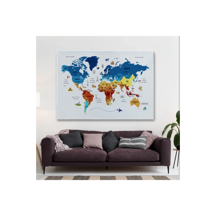 Türkçe Dünya Haritası Kanvas Tablo Ülke-Başkentli Öğretici ve Sembollü 2266