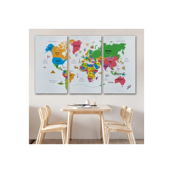 Türkçe Dünya Haritası Kanvas Tablo Ülke-Başkentli Öğretici ve Sembollü 2272