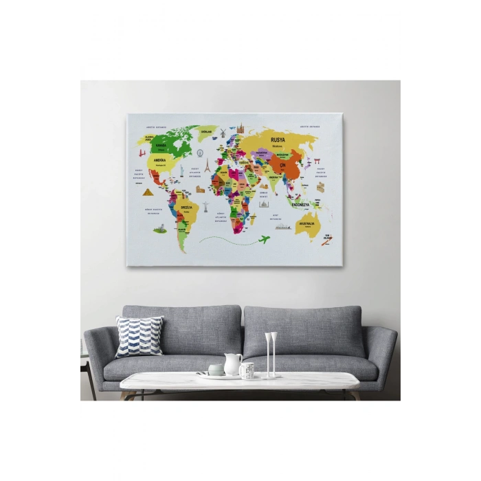 Türkçe Dünya Haritası Kanvas Tablo Ülke-Başkentli Öğretici ve Sembollü 2286