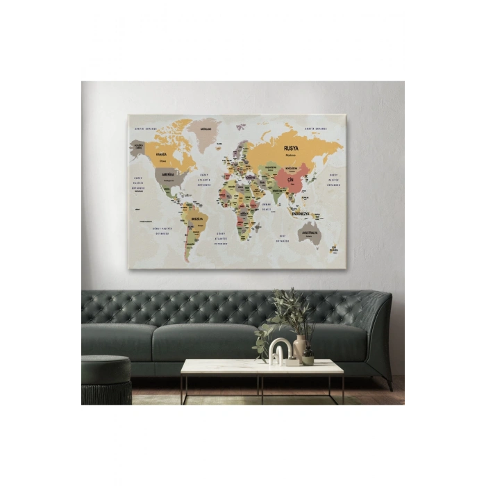 Türkçe Dünya Haritası Kanvas Tablo  Ülke Başkentli ve Okyanus Detaylı Tablo 2744