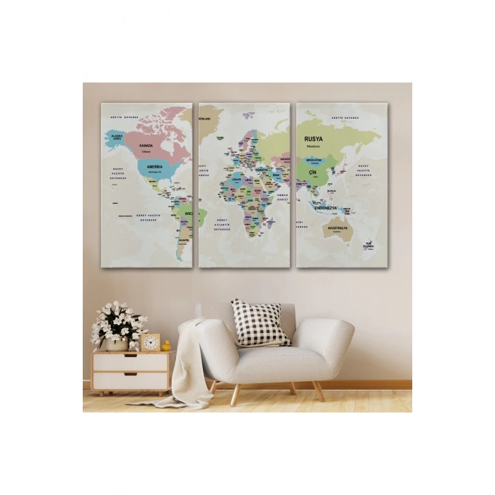 Türkçe Dünya Haritası Kanvas Tablo  Ülke Başkentli ve Okyanus Detaylı Tablo 2748