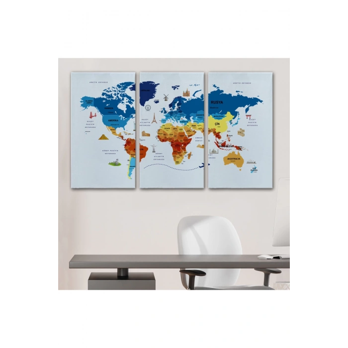 Türkçe Dünya Haritası Kanvas Tablo  Ülke Başkentli ve Ünlü Yerler Sembollü 2640