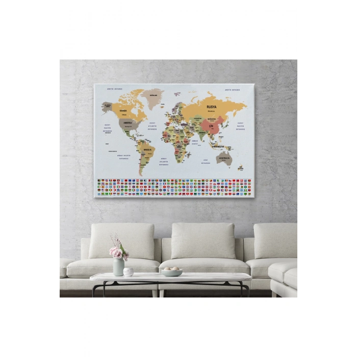 Türkçe Dünya Haritası Kanvas Tablo Ülke Bayraklı ve Dekoratif 2380
