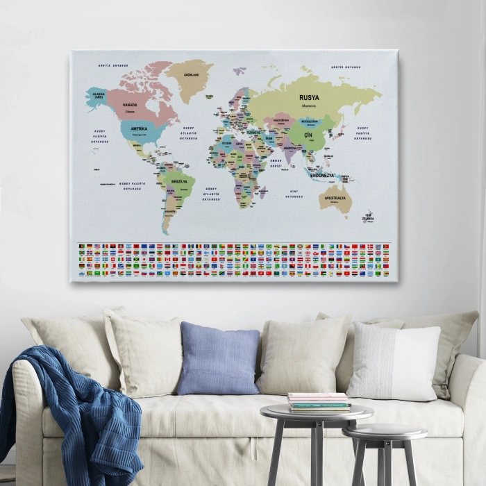 Türkçe Dünya Haritası Kanvas Tablo Ülke Bayraklı ve Dekoratif 2384