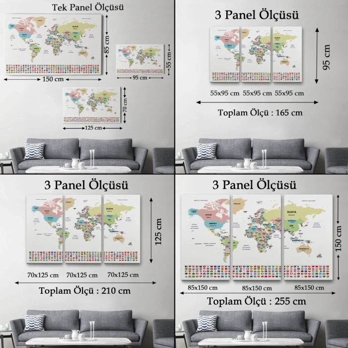 Türkçe Dünya Haritası Kanvas Tablo Ülke Bayraklı ve Dekoratif 2384