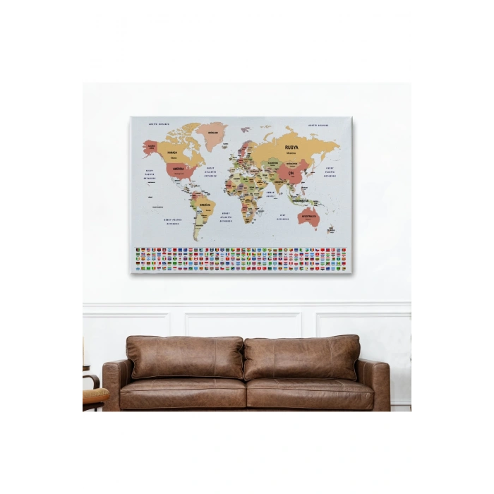 Türkçe Dünya Haritası Kanvas Tablo Ülke Bayraklı ve Dekoratif 2386