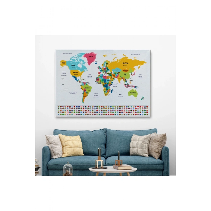 Türkçe Dünya Haritası Kanvas Tablo Ülke Bayraklı ve Dekoratif 2394