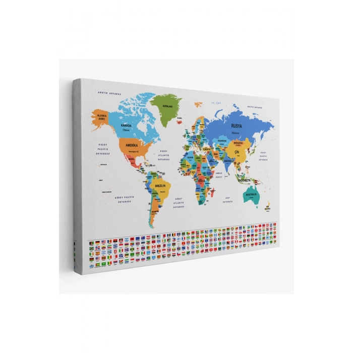 Türkçe Dünya Haritası Kanvas Tablo Ülke Bayraklı ve Dekoratif 2412