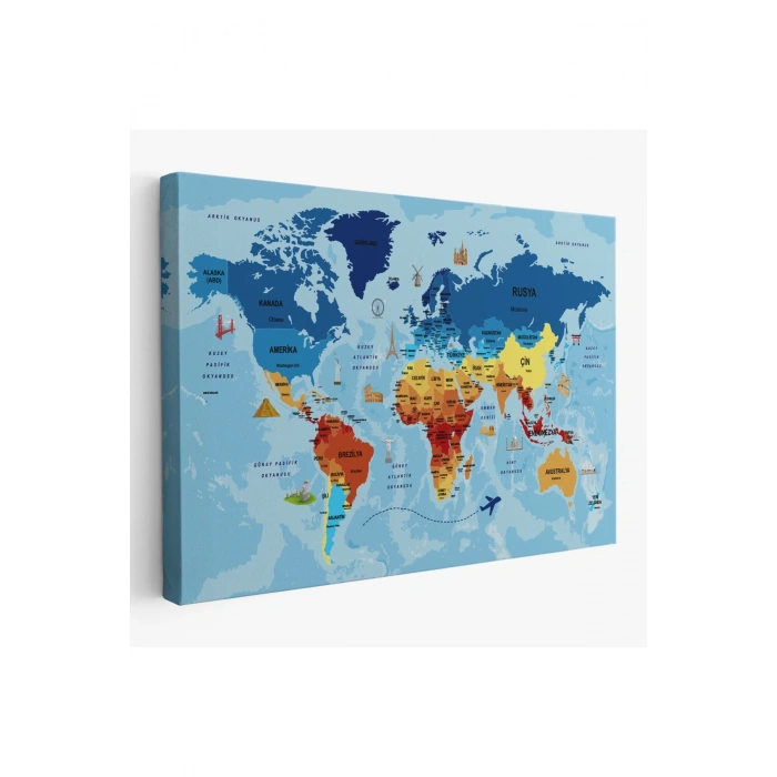 Türkçe Dünya Haritası Sembollü ve Okyanuslu Dekoratif Kanvas Tablo 2422