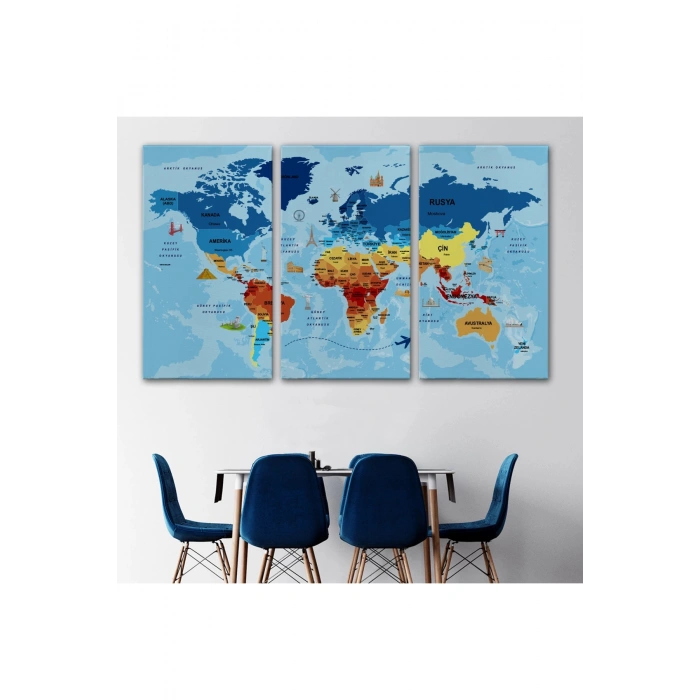 Türkçe Dünya Haritası Sembollü ve Okyanuslu Dekoratif Kanvas Tablo 2422