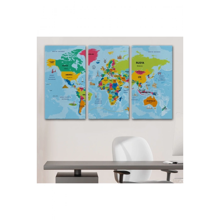 Türkçe Dünya Haritası Sembollü ve Okyanuslu Dekoratif Kanvas Tablo 2472