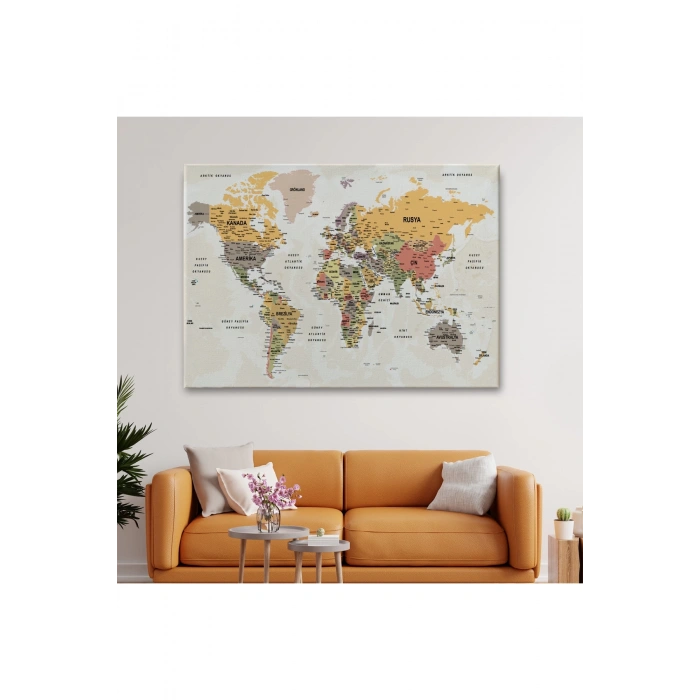 Türkçe Dünya Haritası Son Derece Ayrıntılı Eğitici  Okyanuslu Kanvas Tablo 2524