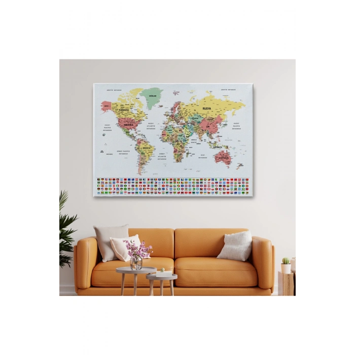Türkçe Dünya Haritası Son Derece Ayrıntılı Eğitici  ve Bayraklı Kanvas Tablo 2793