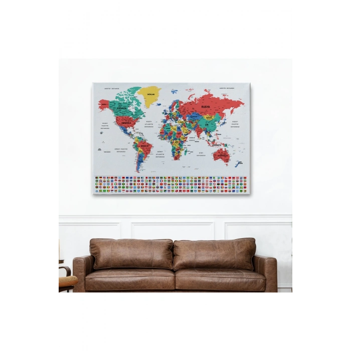 Türkçe Dünya Haritası Son Derece Ayrıntılı Eğitici  ve Bayraklı Kanvas Tablo 2795