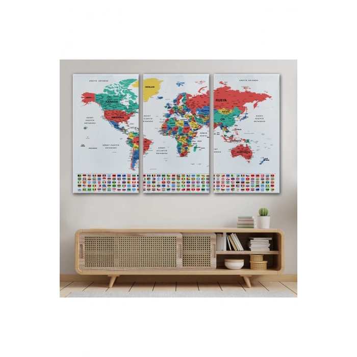 Türkçe Dünya Haritası Son Derece Ayrıntılı Eğitici  ve Bayraklı Kanvas Tablo 2795