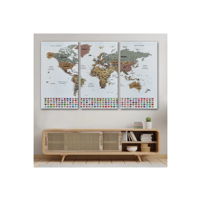 Türkçe Dünya Haritası Son Derece Ayrıntılı Eğitici  ve Bayraklı Kanvas Tablo 2809