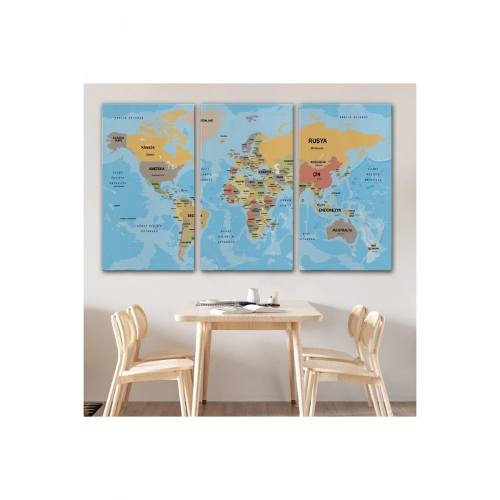 Türkçe Dünya Haritası Ülke Başkentli ve Okyanuslu Dekoratif Kanvas Tablo 2228