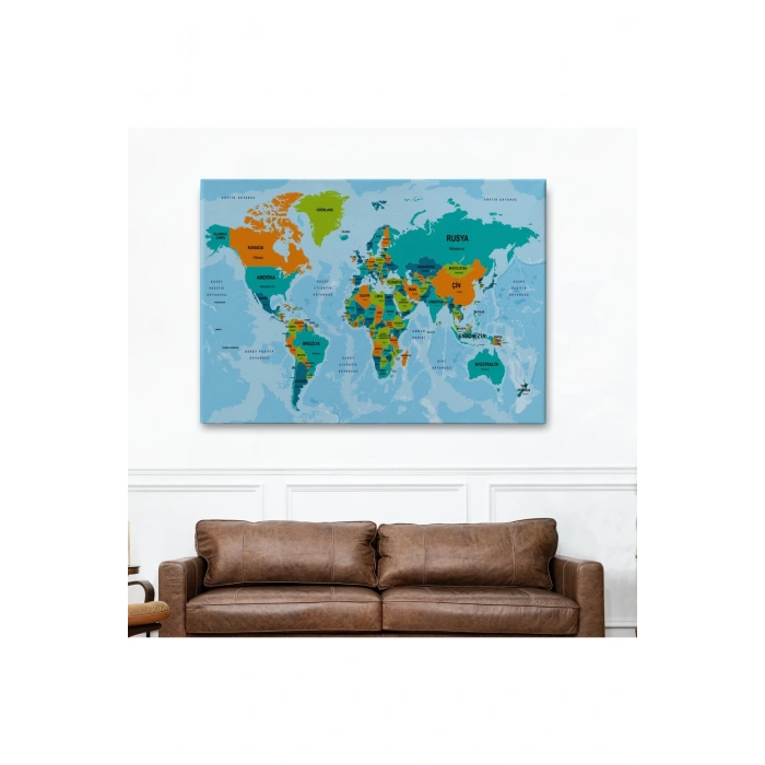Türkçe Dünya Haritası Ülke Başkentli ve Okyanuslu Dekoratif Kanvas Tablo 2230