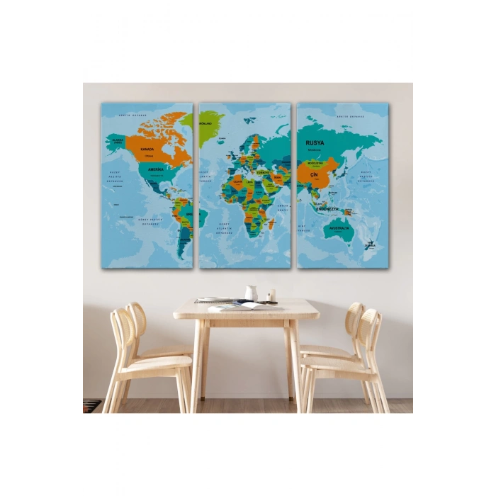 Türkçe Dünya Haritası Ülke Başkentli ve Okyanuslu Dekoratif Kanvas Tablo 2230