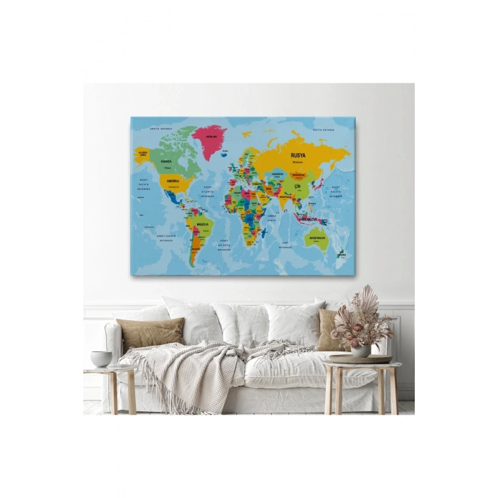 Türkçe Dünya Haritası Ülke Başkentli ve Okyanuslu Dekoratif Kanvas Tablo 2242