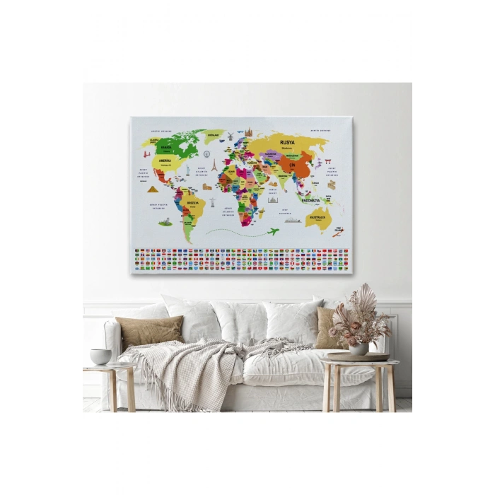 Türkçe Dünya Haritası Ülke Bayrak ve Başkentli Kanvas Tablo 1918