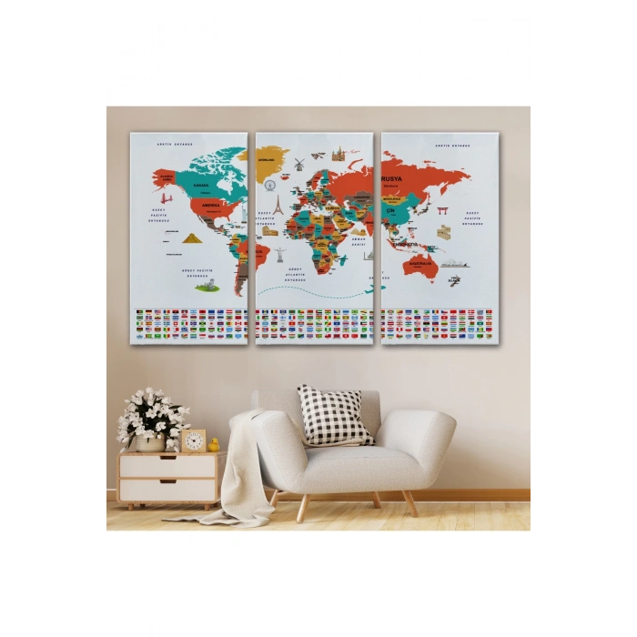 Türkçe Dünya Haritası Ülke Bayrak ve Başkentli Kanvas Tablo 1922
