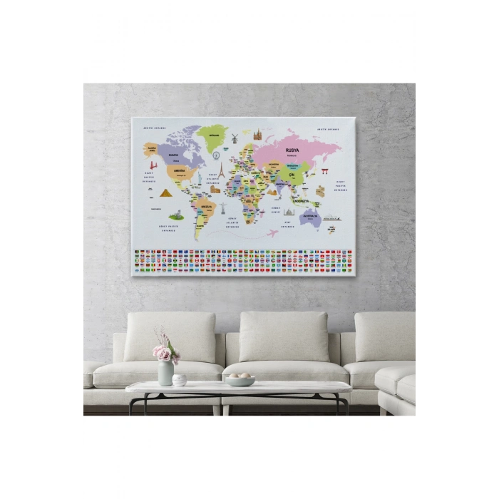 Türkçe Dünya Haritası Ülke Bayrak ve Başkentli Kanvas Tablo 1924