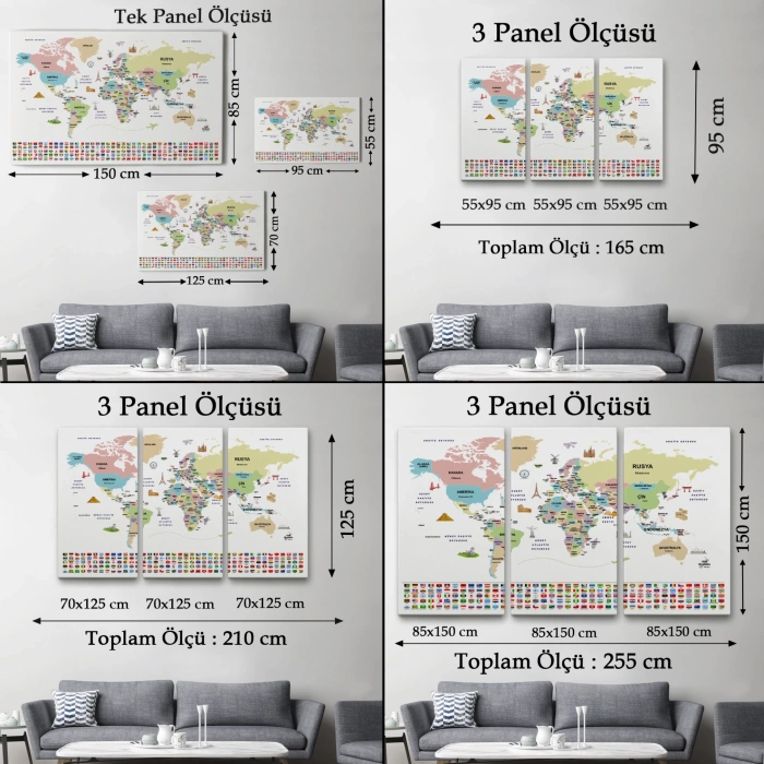 Türkçe Dünya Haritası Ülke Bayrak ve Başkentli Kanvas Tablo 1938