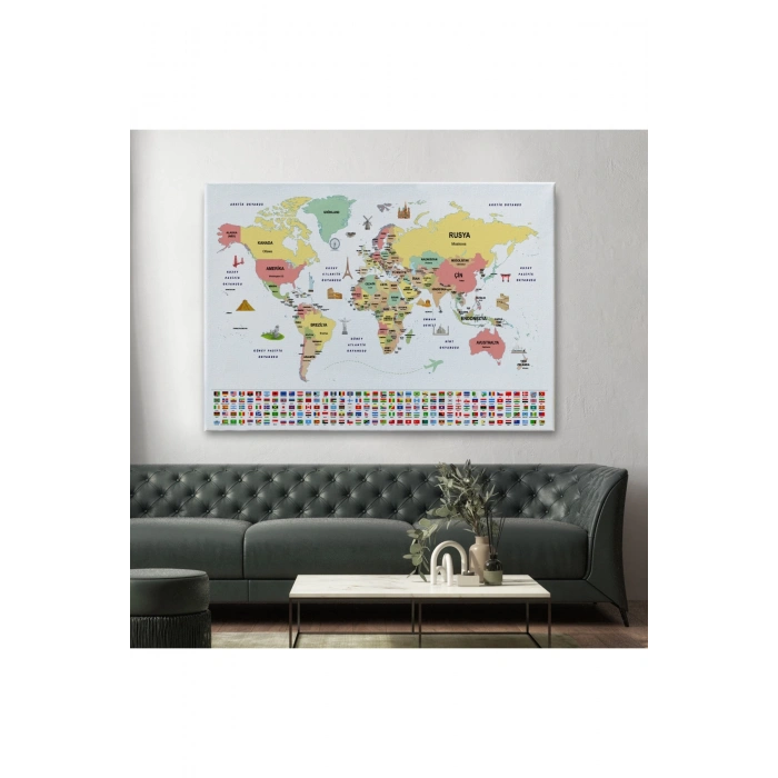 Türkçe Dünya Haritası Ülke Bayrak ve Başkentli Kanvas Tablo 1944