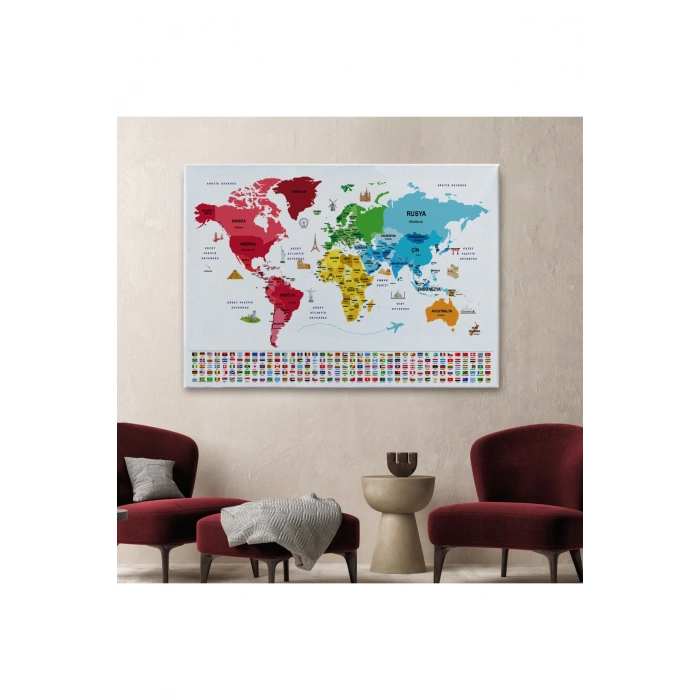 Türkçe Dünya Haritası Ülke Bayrak ve Başkentli Kanvas Tablo 1958
