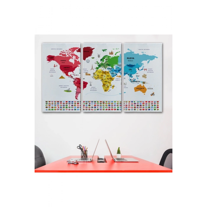 Türkçe Dünya Haritası Ülke Bayrak ve Başkentli Kanvas Tablo 1958