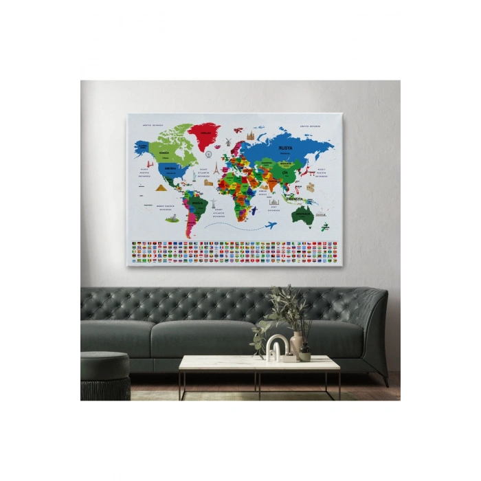 Türkçe Dünya Haritası Ülke Bayrak ve Başkentli Kanvas Tablo 1962