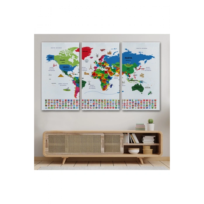 Türkçe Dünya Haritası Ülke Bayrak ve Başkentli Kanvas Tablo 1962