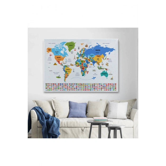 Türkçe Dünya Haritası Ülke Bayrak ve Başkentli Kanvas Tablo 1966