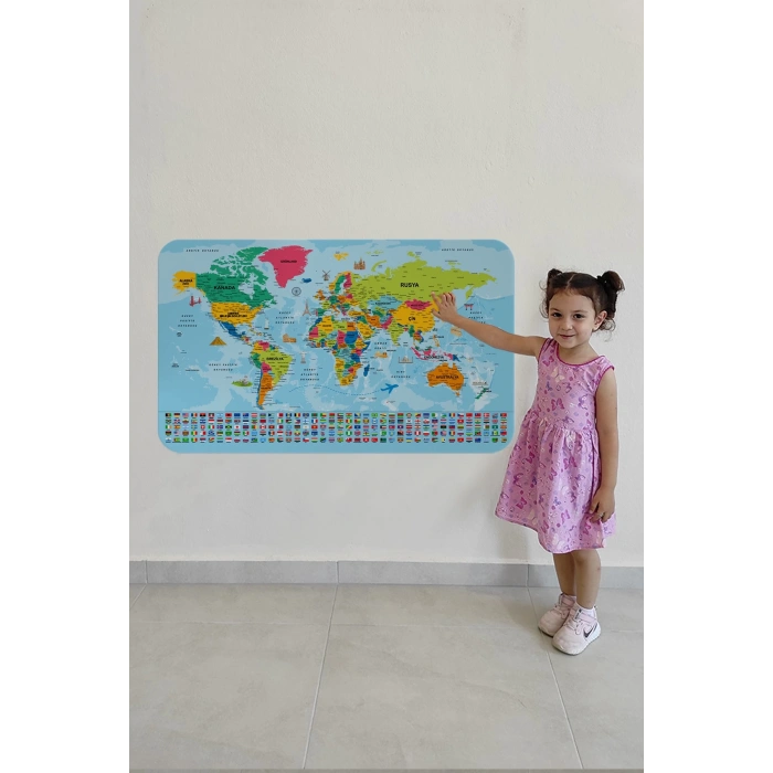 Türkçe Dünya ve Türkiye Haritası Ülke Bayraklı Çocuk ve Genç Odası Duvar Sticker-60x105-3882bayrak