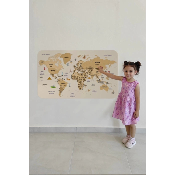 Türkçe Eğitici Ülke ve Başkent Detaylı Atlası  Dünya Haritası Duvar Sticker -60x105-3839