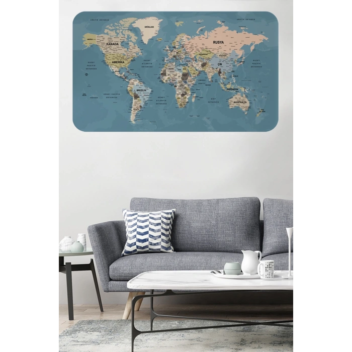 Türkçe Eğitici Ülke ve Başkent Okyanus Detaylı Atlası  Dünya Haritası Duvar Sticker -60x105-3836