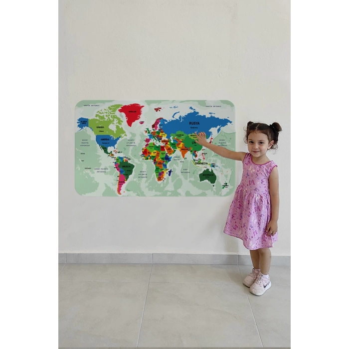 Türkçe Eğitici Ülke ve Başkent Okyanus Detaylı Atlası  Dünya Haritası Duvar Sticker -60x105-3840