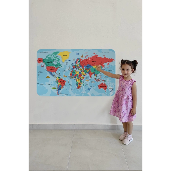 Türkçe Eğitici Ülke ve Başkent Okyanus Detaylı Atlası  Dünya Haritası Duvar Sticker -60x105-3863