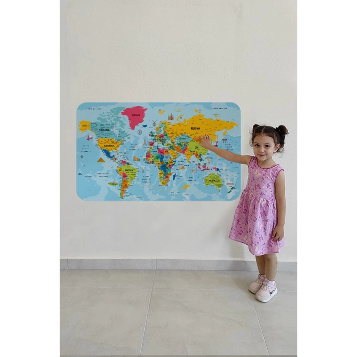 Türkçe Eğitici Ülke ve Başkent Okyanus Detaylı Atlası  Dünya Haritası Duvar Sticker -60x105-3864