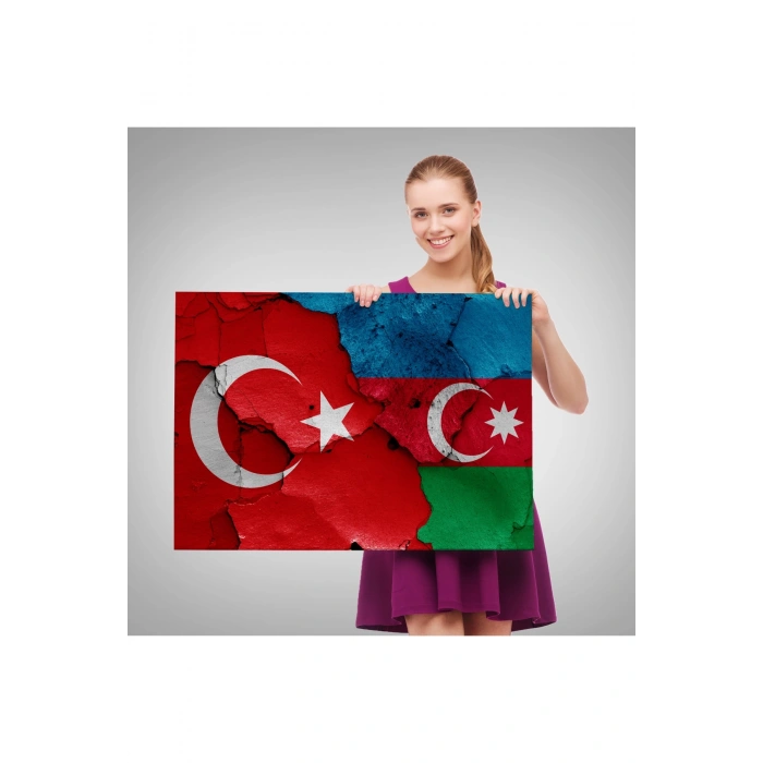 Türkiye Azerbaycan Bayrak Desenli Dekoratif Kanvas Tablo-6516