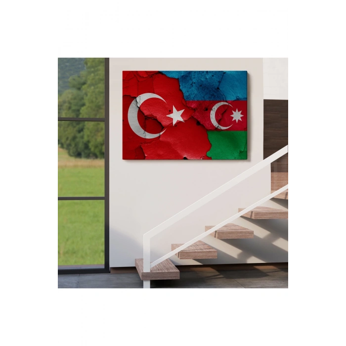 Türkiye Azerbaycan Bayrak Desenli Dekoratif Kanvas Tablo-6516