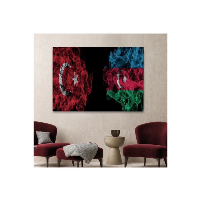 Türkiye Azerbaycan Bayrak Desenli Dekoratif Kanvas Tablo-6518