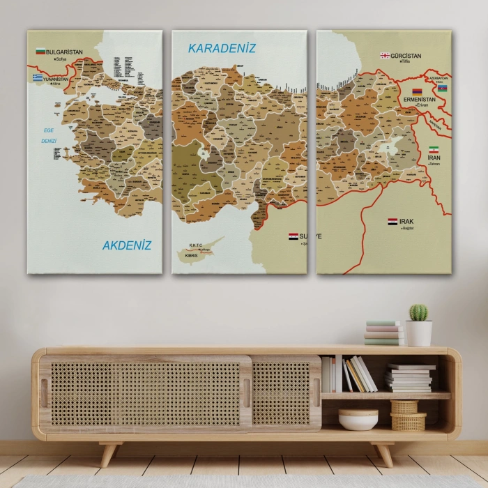 Türkiye Haritası Kanvas Tablo İl ve İlçeli Ayrıntılı Eğitici Komşulu Dekoratif Tablo 3020